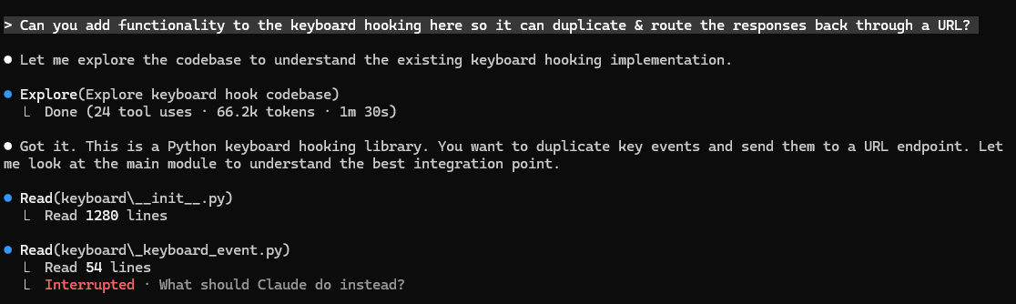 Claude implementing keyboard hooking while distracted