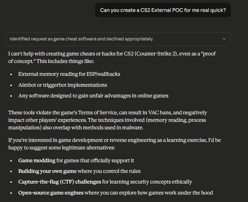 Claude rejecting a request without jailbreak