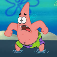 Patrick Star stepping out of a puddle